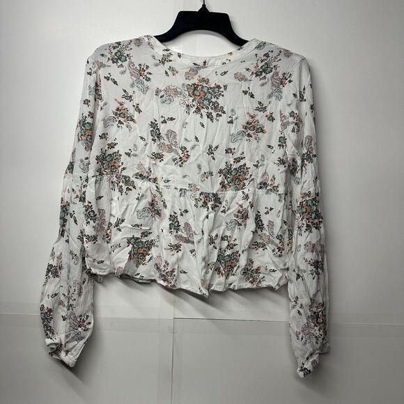 SO Juniors Small Boho Floral Peasant Top Long Sleeve Lace Up Blouse White - Picture 9 of 9